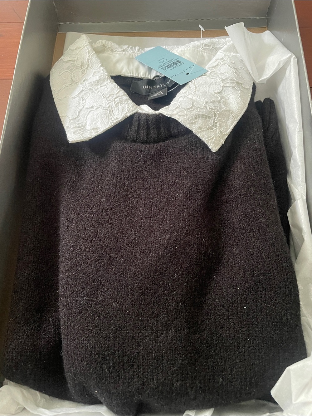 Ann Taylor Black Petite Lace Collar Sweater Tee